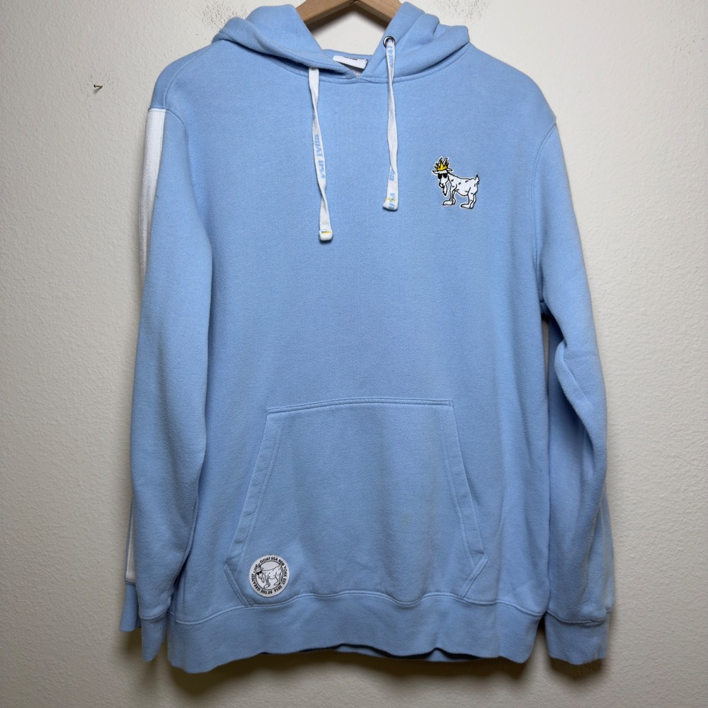GOAT‎ USA Men Cotton Hoodie Large Blue Embroidered Logo Side Stripe Sweatshirt
